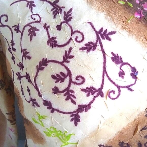 Blouse Chiffon Sheer Button Front 3/4 Length Sleeves Boho Patchwork Look… - Picture 3 of 16